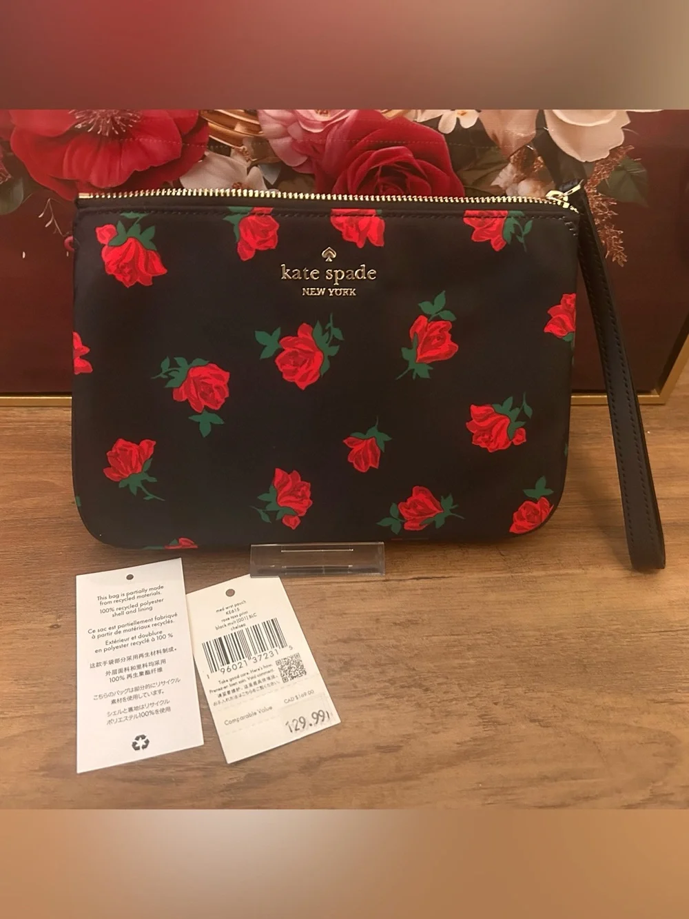 kate spade Black Red Rose-Print Wristlet